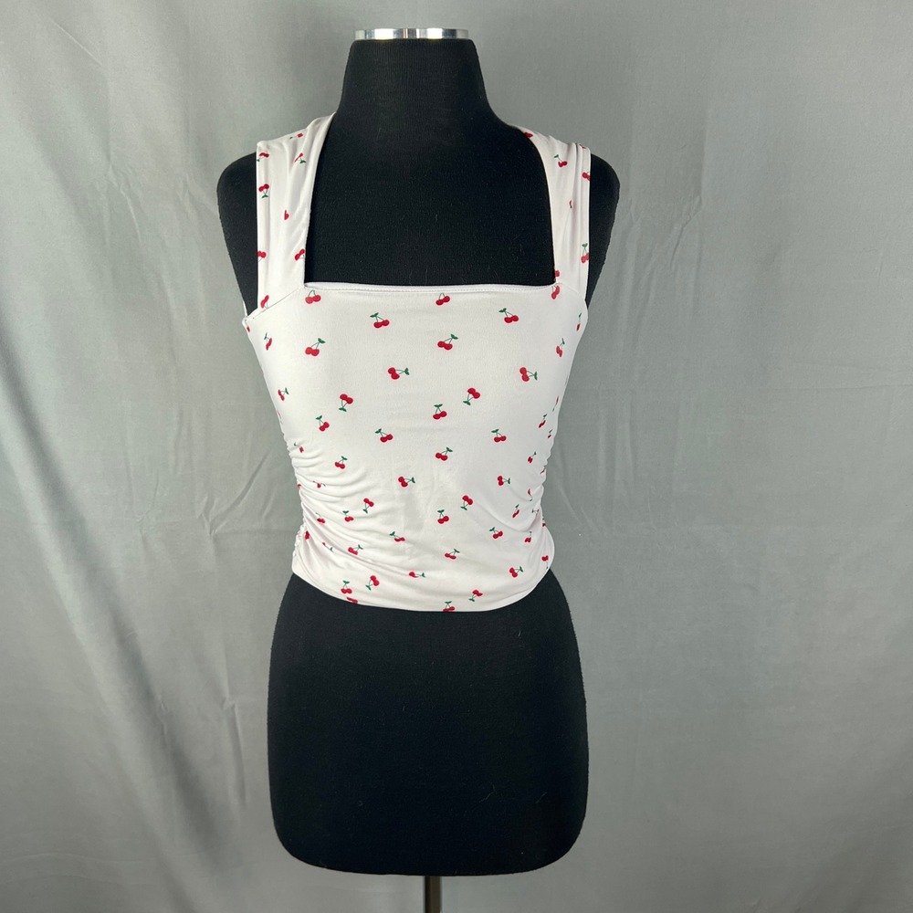Faded Rose Cropped Tank Top Womens Small White Cherry Print Side Ruched Detail